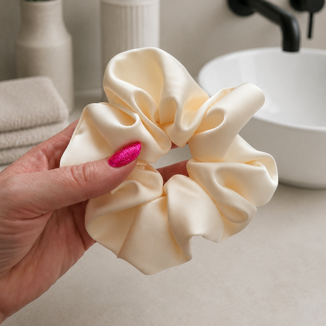 Saténová scrunchie gumička do vlasů – jemná k vlasům, lesklá, elegantní. Drží culík i drdol. Dostupná v několika barevných variantách.3